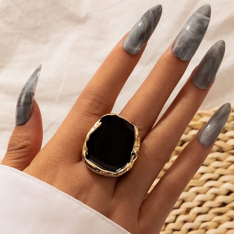 GIGB PBDK Vintage Statement Rings for Women,Chunky Gold Cocktail Rings,Big Black Enamel Drip Finger Ring,Fashion Geometric Punk Jewelry Accessories Gifts (Gold) - Image 2