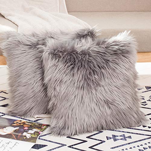 HYSEAS Set of 2 Decorative Faux Fur Throw Pillow Covers, Grey Fluffy Soft Fuzzy Square Cushion Cover Pillow Case for Sofa, Couch, Chair, Bed, Cafe, 18 x 18 Inches - Image 2