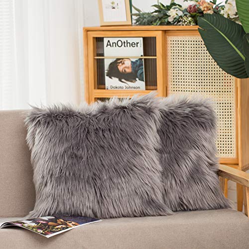 HYSEAS Set of 2 Decorative Faux Fur Throw Pillow Covers, Grey Fluffy Soft Fuzzy Square Cushion Cover Pillow Case for Sofa, Couch, Chair, Bed, Cafe, 18 x 18 Inches - Image 1