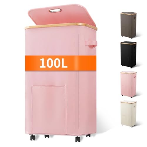 Vincona Laundry Basket with Wheels, Tall Dirty Clothes Hamper on Wheels, Rolling Laundry Hamper with lid for Dorm, Bedroom and Bathroom (Pink, 100L) - Image 1