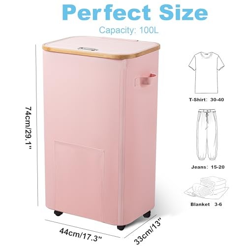 Vincona Laundry Basket with Wheels, Tall Dirty Clothes Hamper on Wheels, Rolling Laundry Hamper with lid for Dorm, Bedroom and Bathroom (Pink, 100L) - Image 2