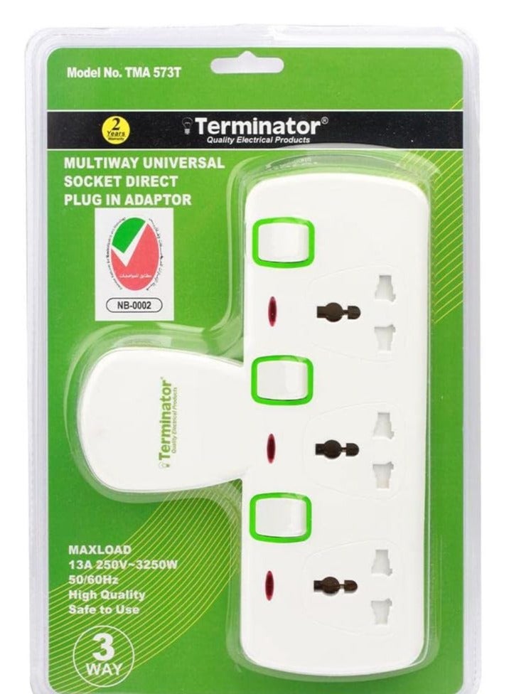 Terminator 3 Way Universal T-Socket Multi Adaptor With Individual Switches & Indicators 13A Plug and Safety Shutter (‎ TMA 573T) - Image 1