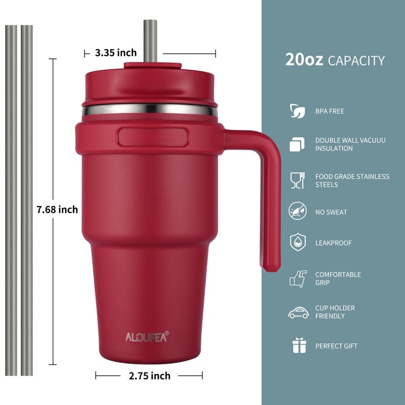 ALOUFEA 20 oz Insulated Coffee Mug Tumbler with Handle, Stainless Steel Travel Mug Tumbler with Lid and Straw,Double Wall Vacuum Leak Proof Ice Coffee Thermal Cup, Red - Image 2