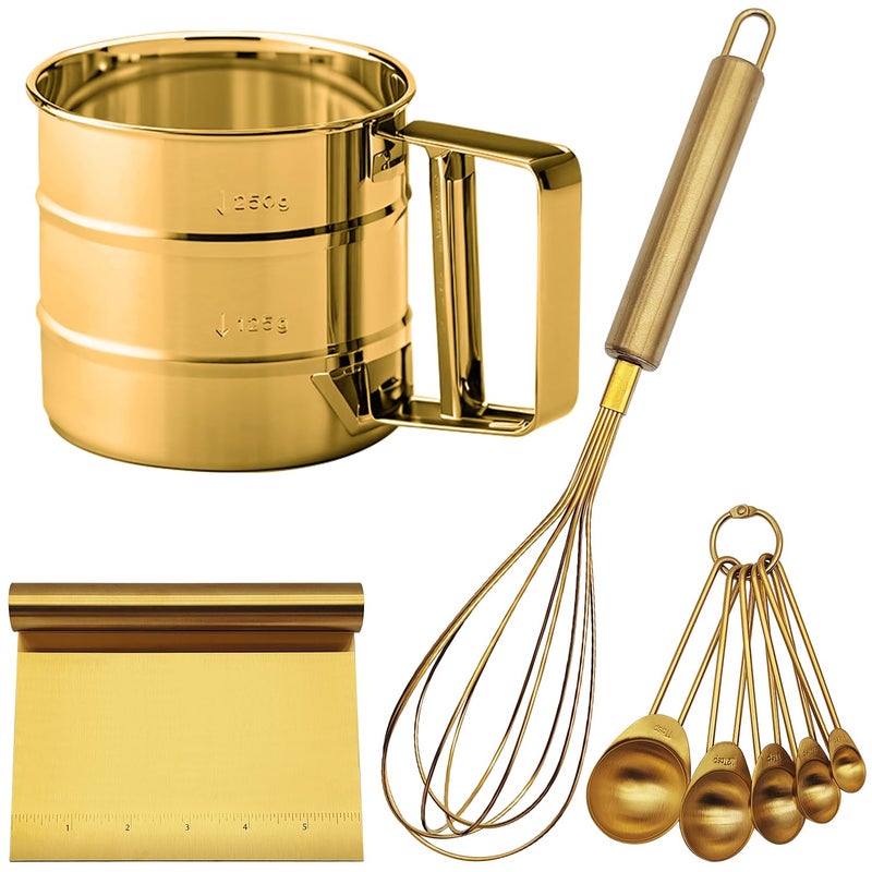 findTop Gold Flour Sifter Baking Tool Set, findTop Stainless Steel 4-Piece Kit with 10" Whisk, Dough Scraper & 5 Measuring Spoons, Mirror Polished, Easy to Clean, for Cake Bread Cookie Prep - Image 1