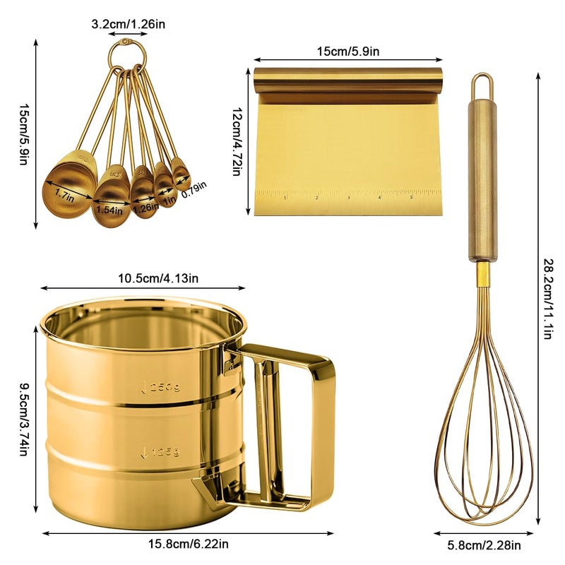 findTop Gold Flour Sifter Baking Tool Set, findTop Stainless Steel 4-Piece Kit with 10" Whisk, Dough Scraper & 5 Measuring Spoons, Mirror Polished, Easy to Clean, for Cake Bread Cookie Prep - Image 2