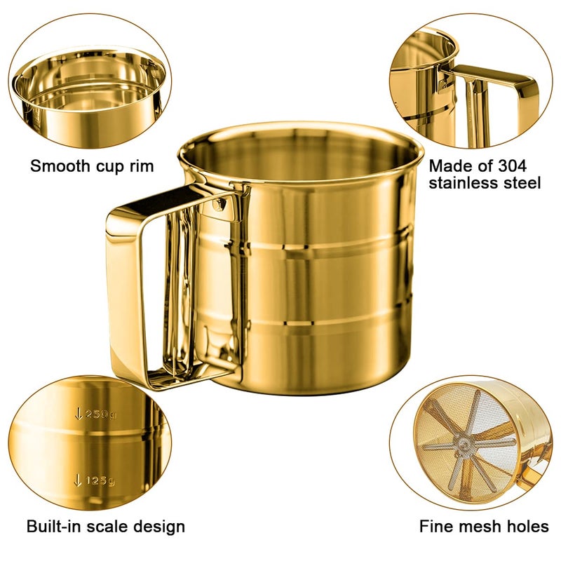 findTop Gold Flour Sifter Baking Tool Set, findTop Stainless Steel 4-Piece Kit with 10" Whisk, Dough Scraper & 5 Measuring Spoons, Mirror Polished, Easy to Clean, for Cake Bread Cookie Prep - Image 3