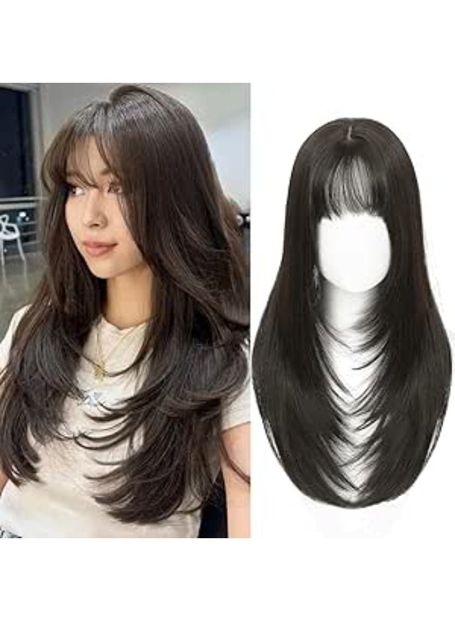Bukela 24-inch Hair Extension With Light Clip-on Bangs, 360° 3d Realistic Scalp, Suitable for Everyday Wear (brown-black, Light Bangs). - Image 1