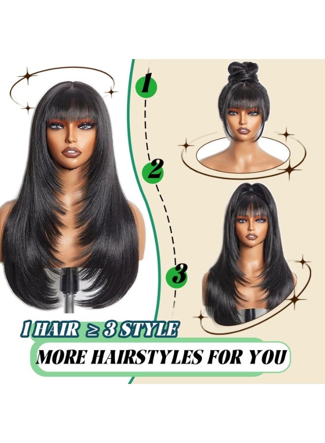 Bukela 24-inch Hair Extension With Light Clip-on Bangs, 360° 3d Realistic Scalp, Suitable for Everyday Wear (brown-black, Light Bangs). - Image 4