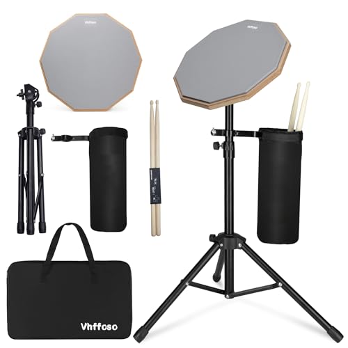 Vhffoso 12 Inch Practice Drum Pad with Stand, Sticks and Drum Stick Bucket, Beginner Snare Drum Pad with Drumsticks(one pair) and Carrying Bag, Double Sided Silent Drum Pad (Gray) - Image 1