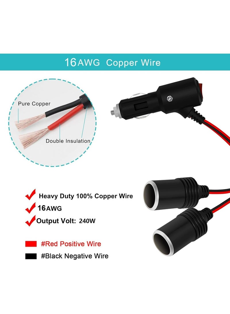 CMGTYYD Car Cigarette Lighter Adapter, 240W 1-to-2 DC 12V/24V Plug Splitter with Dual Socket, Switch, 3.9-inch Extension Cord, and 15A Fuses - Suitable for 12/24V Vehicles - Image 4
