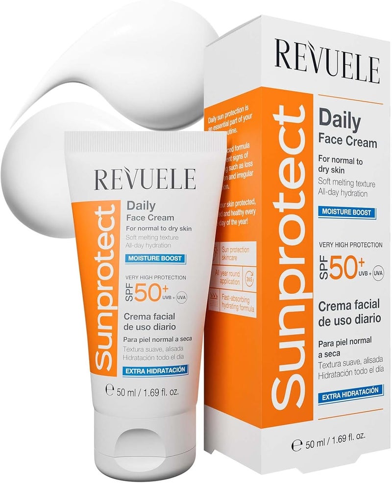 Revuele Moisture Boost Sun Protect Daily Face Cream for Normal to Dry Skin with SPF 50 CrueltyFree 50ml