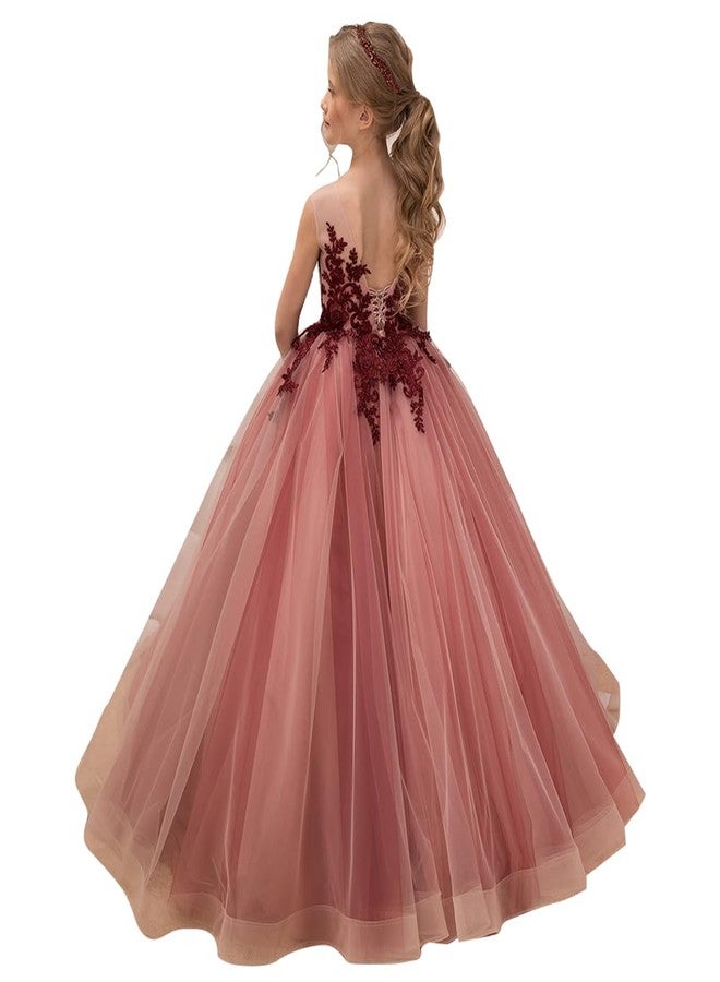 PLwedding Flower Girl Dress Kids Lace Applique Pageant Ball Gown Prom Dresses, Rose Red, 8 - Image 2