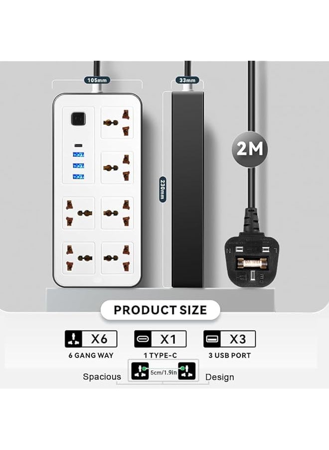 Zvezvia Power Strip Extension Cord And Surge Protection, 5 Meters cord Electrical Connections Which Has 6 Universal Sockets,3 USB And 1 Type C Ports.Wall Mountable Extension Cord For Home,Office  - Image 4