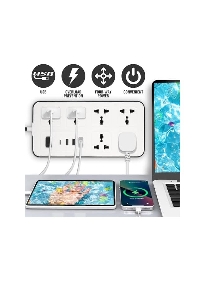 Zvezvia Power Strip Extension Cord And Surge Protection, 5 Meters cord Electrical Connections Which Has 6 Universal Sockets,3 USB And 1 Type C Ports.Wall Mountable Extension Cord For Home,Office  - Image 2