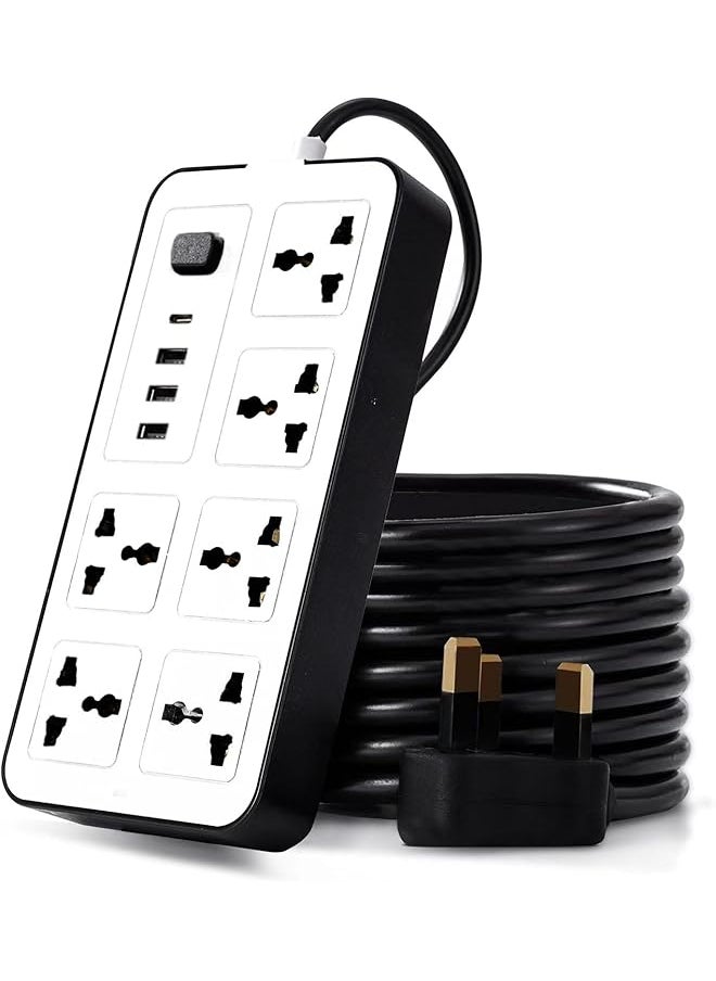 Zvezvia Power Strip Extension Cord And Surge Protection, 5 Meters cord Electrical Connections Which Has 6 Universal Sockets,3 USB And 1 Type C Ports.Wall Mountable Extension Cord For Home,Office  - Image 1
