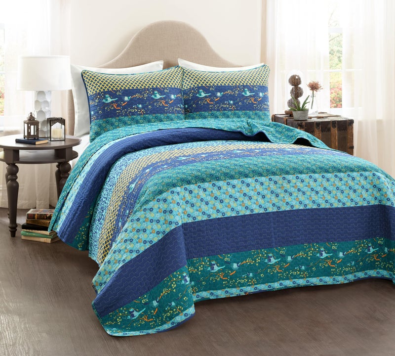 Lush Decor Royal Empire Reversible Cotton Quilt Set  3 Piece Striped Bedding Set  Bold  Colorful Bohemian Patterns  Soft Cotton Feel  Full Queen Peacock