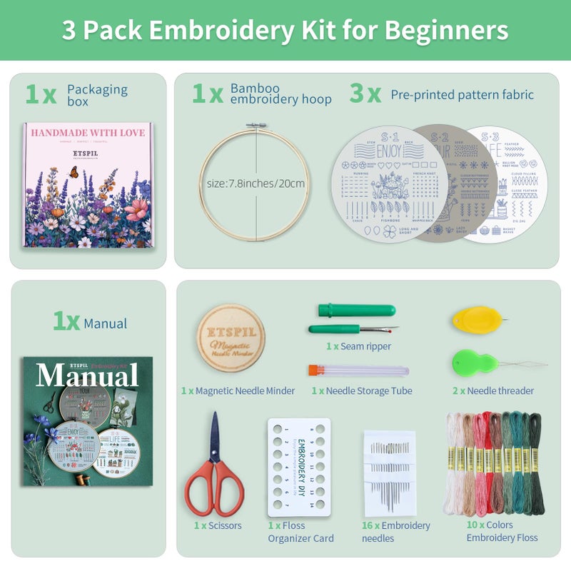 ETSPIL Embroidery Kit for Beginners & Adults, 3-Pack 33-Stitch Practice Samplers, Pre-Stamped Patterns, 7.8 inch Hoop, Floss & Needles, Step-by-Step Guide and Video Tutorials, DIY Needlework Gift - Image 2