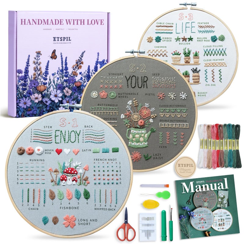 ETSPIL Embroidery Kit for Beginners & Adults, 3-Pack 33-Stitch Practice Samplers, Pre-Stamped Patterns, 7.8 inch Hoop, Floss & Needles, Step-by-Step Guide and Video Tutorials, DIY Needlework Gift - Image 1