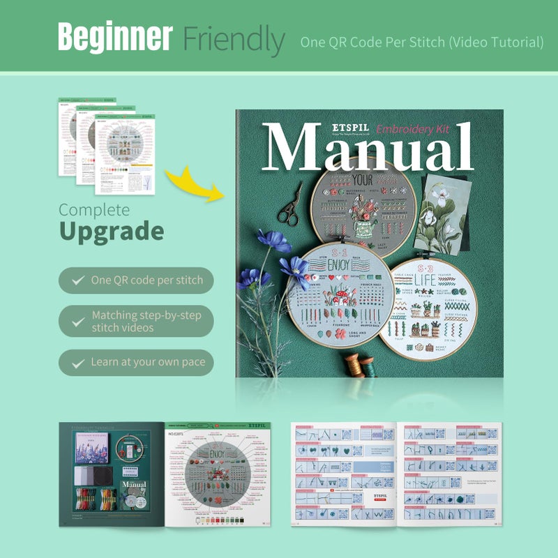 ETSPIL Embroidery Kit for Beginners & Adults, 3-Pack 33-Stitch Practice Samplers, Pre-Stamped Patterns, 7.8 inch Hoop, Floss & Needles, Step-by-Step Guide and Video Tutorials, DIY Needlework Gift - Image 5