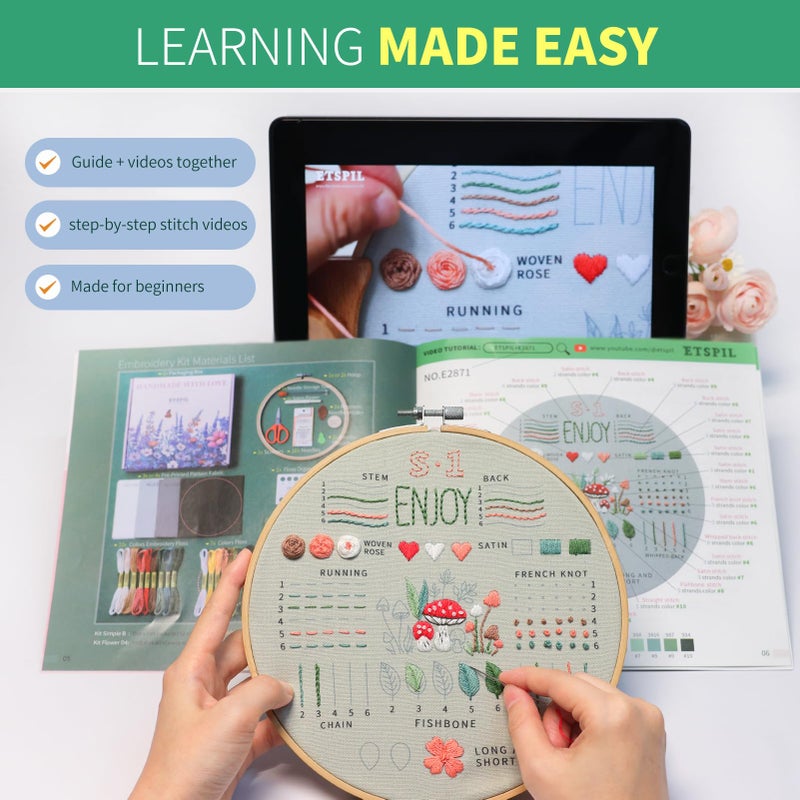 ETSPIL Embroidery Kit for Beginners & Adults, 3-Pack 33-Stitch Practice Samplers, Pre-Stamped Patterns, 7.8 inch Hoop, Floss & Needles, Step-by-Step Guide and Video Tutorials, DIY Needlework Gift - Image 3