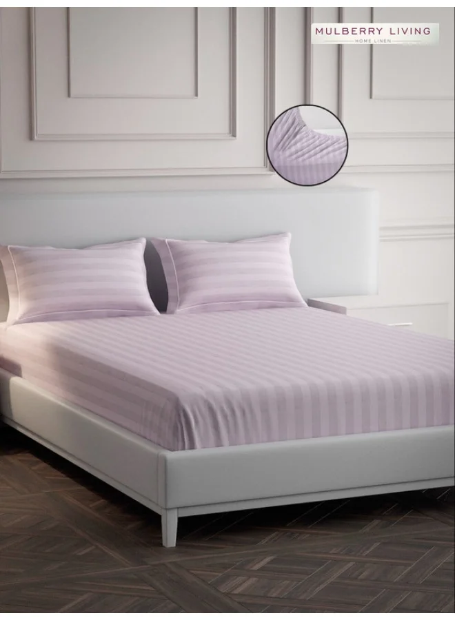 MULBERRY LIVING 100% Cotton - 300Tc Elysian Stripes King Size (180X200 Cms) Fitted Bedsheet With 2 Pillow Covers (50X75 Cm) - Cameo Rose