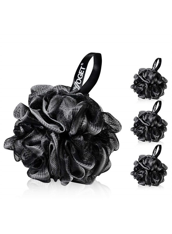 Yoget Charcoal Bath Loofah Sponge, 4 Pack Black 60G Large Shower Mesh Ball Soft Pouf Body Scrubber, Exfoliate, Cleanse, Soothe Skin, Black Loofah with White Trim - Image 1