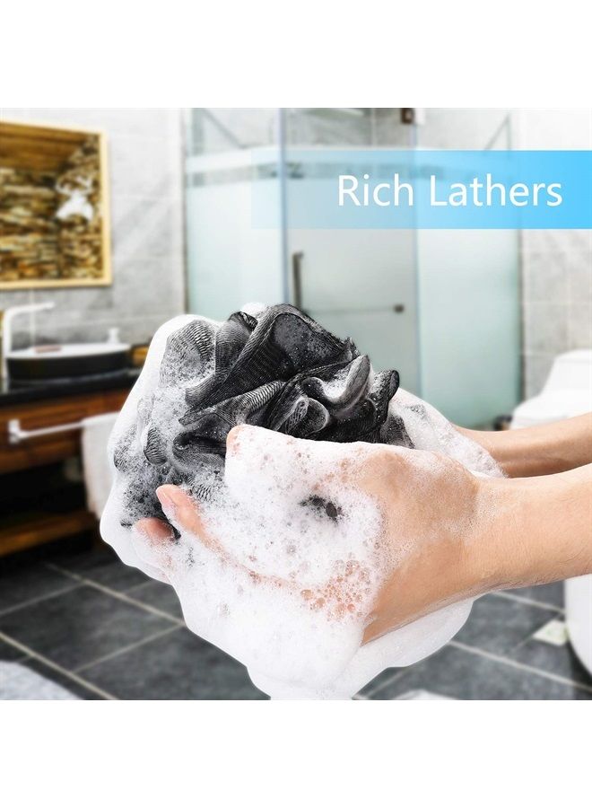 Yoget Charcoal Bath Loofah Sponge, 4 Pack Black 60G Large Shower Mesh Ball Soft Pouf Body Scrubber, Exfoliate, Cleanse, Soothe Skin, Black Loofah with White Trim - Image 4