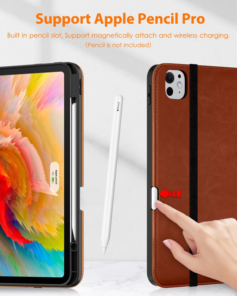 DTTO for iPad Pro 13 Inch Case (M5/M4) 2025/2024, Premium Leather Business Folio Stand Cover with Pencil Holder - Auto Wake/Sleep & Multiple Viewing Angles, Built in Hand Strap & Pocket, Brown - Image 3