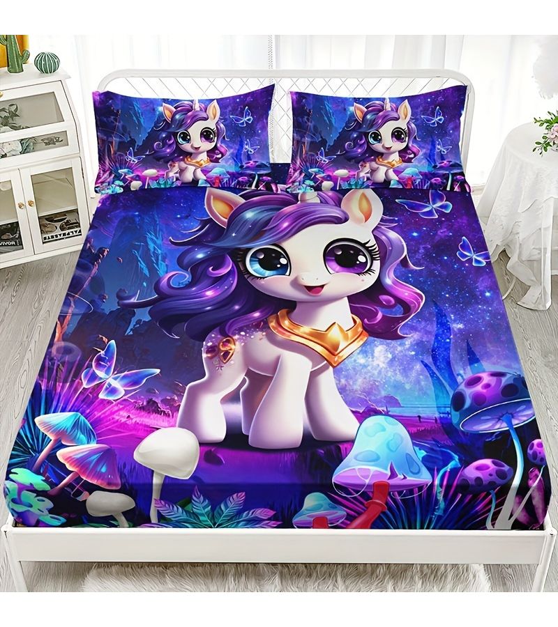 Fitted Sheet Set Multicolor Mushroom Unicorn Twin Pillowcases Home Dorm - Image 1