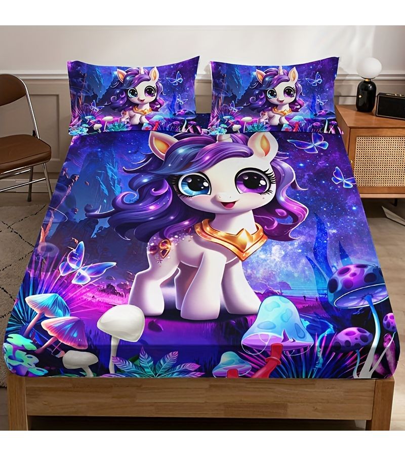 Fitted Sheet Set Multicolor Mushroom Unicorn Twin Pillowcases Home Dorm - Image 4