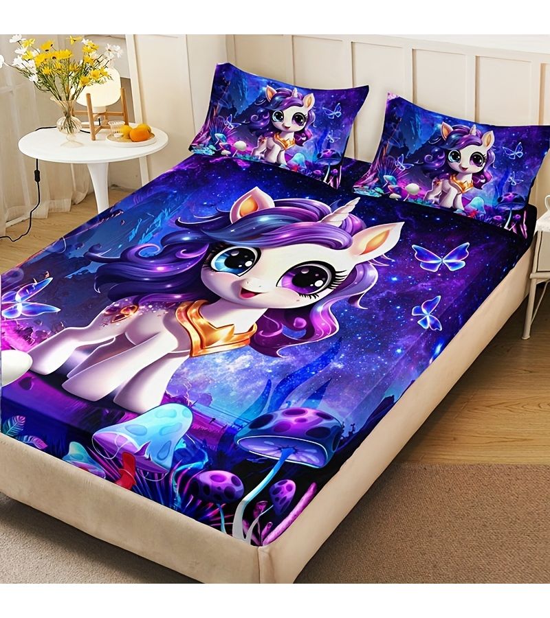 Fitted Sheet Set Multicolor Mushroom Unicorn Twin Pillowcases Home Dorm - Image 2