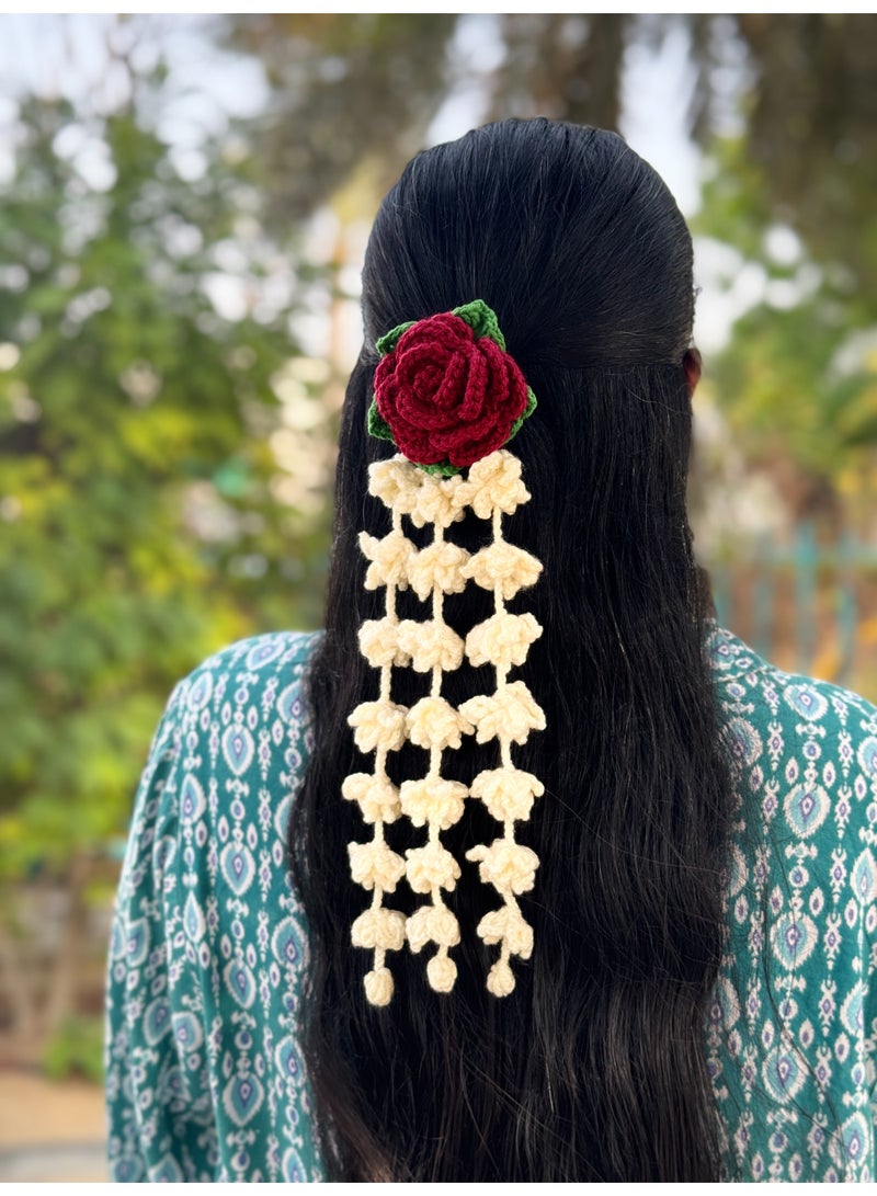 HerTouch Creations Hair Parandi Gajra Handcrafted Crochet Maroon Rose and Hanging Jasmine Flower Hair Parandi Gajra Accessory for Women and Girls - Image 3
