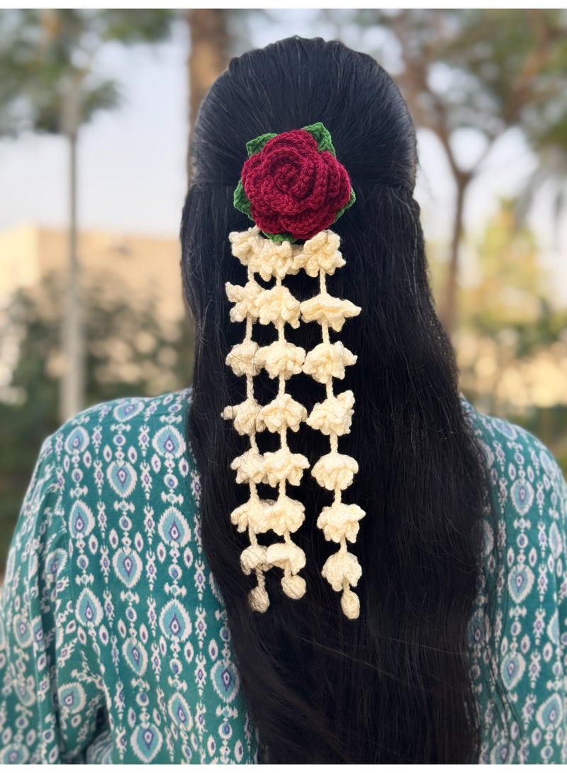 HerTouch Creations Hair Parandi Gajra Handcrafted Crochet Maroon Rose and Hanging Jasmine Flower Hair Parandi Gajra Accessory for Women and Girls - Image 2
