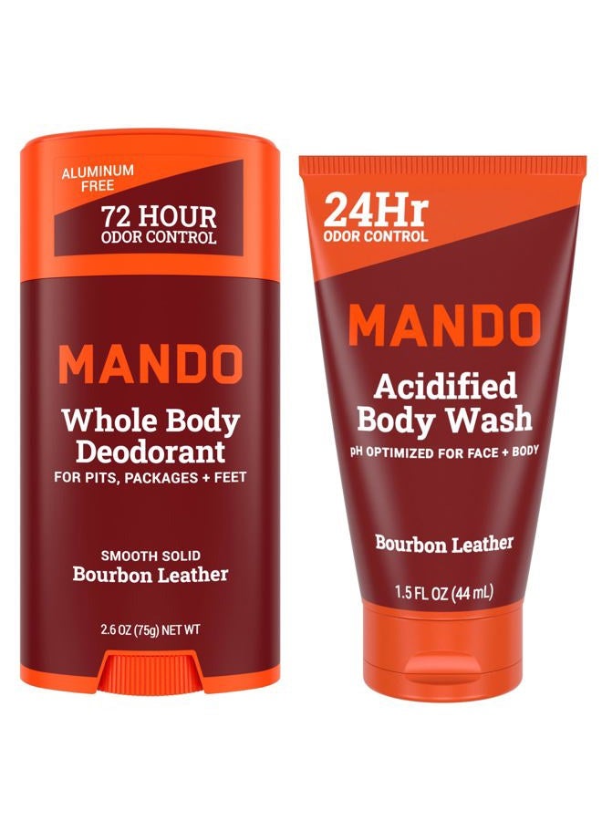 Mando Smooth Solid Stick (2.6 Ounce) + Acidified Body Wash (1.5 Ounce) - Clinically Proven to Block Odor All Day - Whole Body Safe For Pits, Packages + Feet (Bourbon Leather) - Image 1