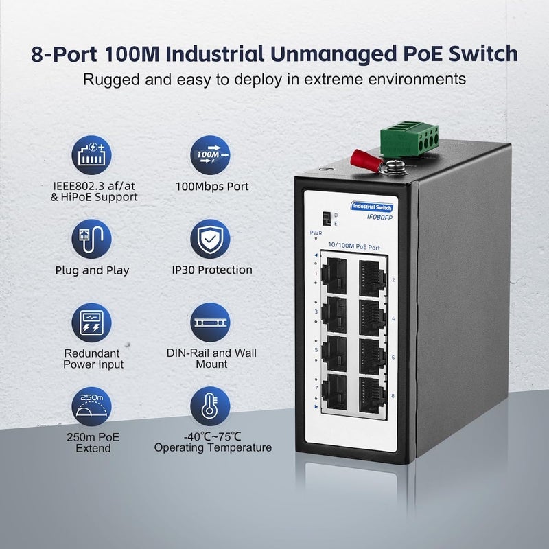مفتاح صناعي صغير ذو 8 منافذ PoE+، إيثرنت سريع 10/100 ميجابت/ثانية، للسكة الدين والتركيب على الحائط، مفتاح PoE صناعي غير مُدار IP30 مقوى (-40~185°ف) من يو لينكا - Image 2