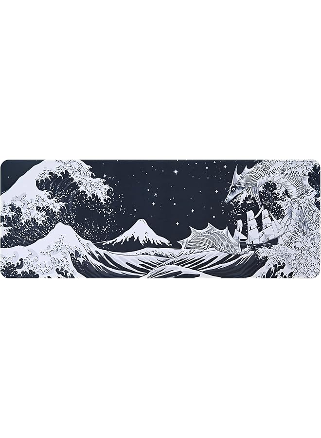 erorex 31.4 Inch X11.8 Inch Extended Large Gaming Mouse Pad Xl Large Non Slip Rubber Base Mousepad With Stitched Edges Waterproof Keyboard Mouse Mat Desk Pad Japanese Sea Wave Black And White Tones - Image 1