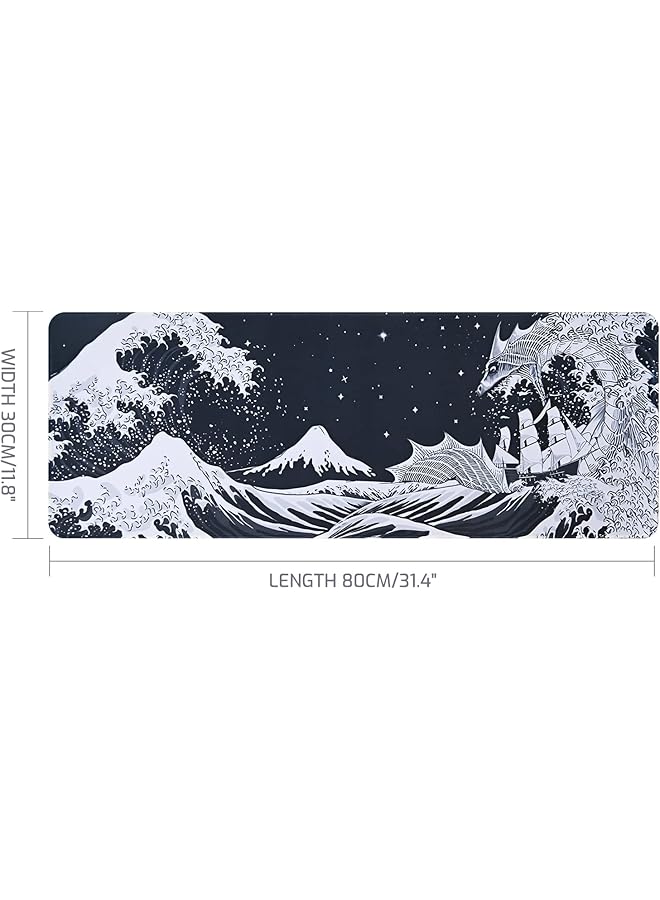 erorex 31.4 Inch X11.8 Inch Extended Large Gaming Mouse Pad Xl Large Non Slip Rubber Base Mousepad With Stitched Edges Waterproof Keyboard Mouse Mat Desk Pad Japanese Sea Wave Black And White Tones - Image 2