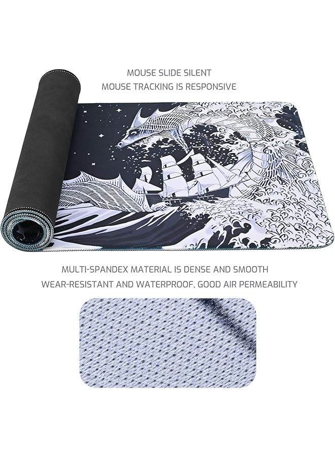 erorex 31.4 Inch X11.8 Inch Extended Large Gaming Mouse Pad Xl Large Non Slip Rubber Base Mousepad With Stitched Edges Waterproof Keyboard Mouse Mat Desk Pad Japanese Sea Wave Black And White Tones - Image 5
