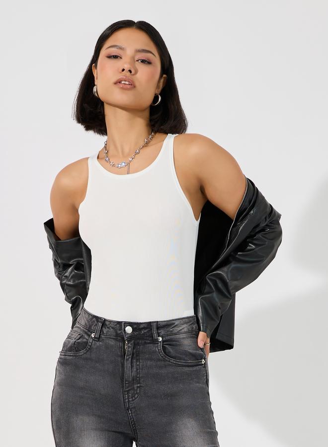 Styli Women White Ribbed Knit Fitted Bodysuit - Image 1