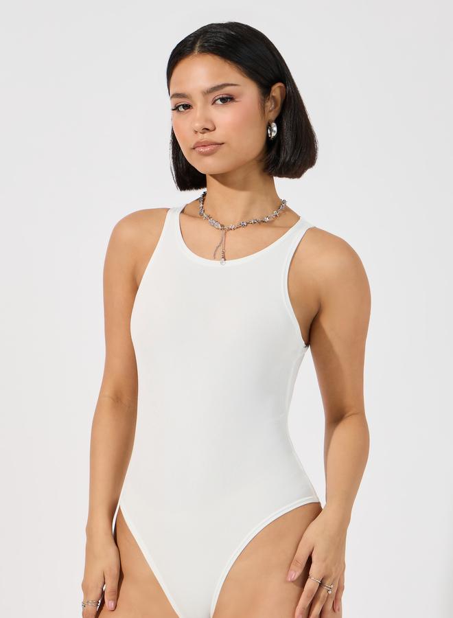 Styli Women White Ribbed Knit Fitted Bodysuit - Image 5