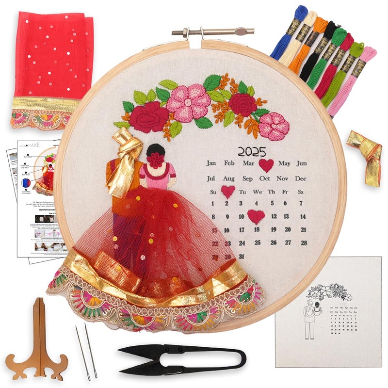 picknMAKE Fabric DIY Personalized Wedding Anniversary Embroidery Kit for Beginners, Calendar Hoop Art with 3D Bride & Groom Design, Floral Motifs, & Display Stand Perfect for Weddings & Anniversaries - Image 1