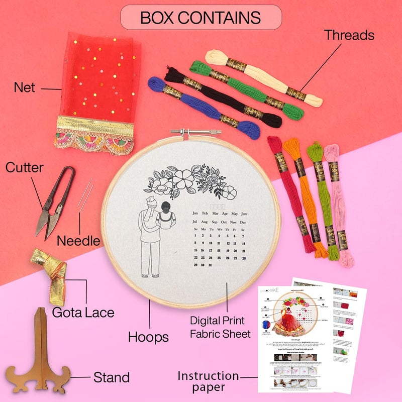 picknMAKE Fabric DIY Personalized Wedding Anniversary Embroidery Kit for Beginners, Calendar Hoop Art with 3D Bride & Groom Design, Floral Motifs, & Display Stand Perfect for Weddings & Anniversaries - Image 2