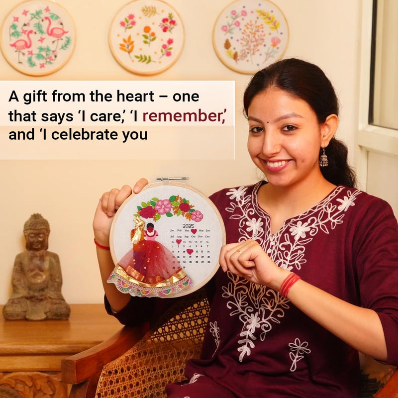 picknMAKE Fabric DIY Personalized Wedding Anniversary Embroidery Kit for Beginners, Calendar Hoop Art with 3D Bride & Groom Design, Floral Motifs, & Display Stand Perfect for Weddings & Anniversaries - Image 5