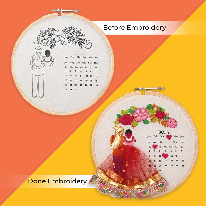 picknMAKE Fabric DIY Personalized Wedding Anniversary Embroidery Kit for Beginners, Calendar Hoop Art with 3D Bride & Groom Design, Floral Motifs, & Display Stand Perfect for Weddings & Anniversaries - Image 4