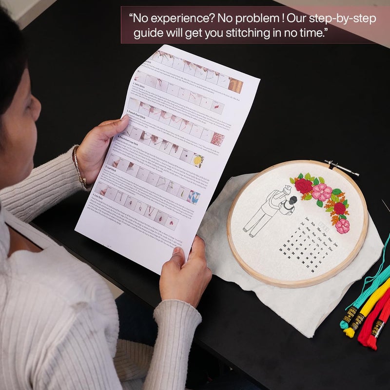 picknMAKE Fabric DIY Personalized Wedding Anniversary Embroidery Kit for Beginners, Calendar Hoop Art with 3D Bride & Groom Design, Floral Motifs, & Display Stand Perfect for Weddings & Anniversaries - Image 3