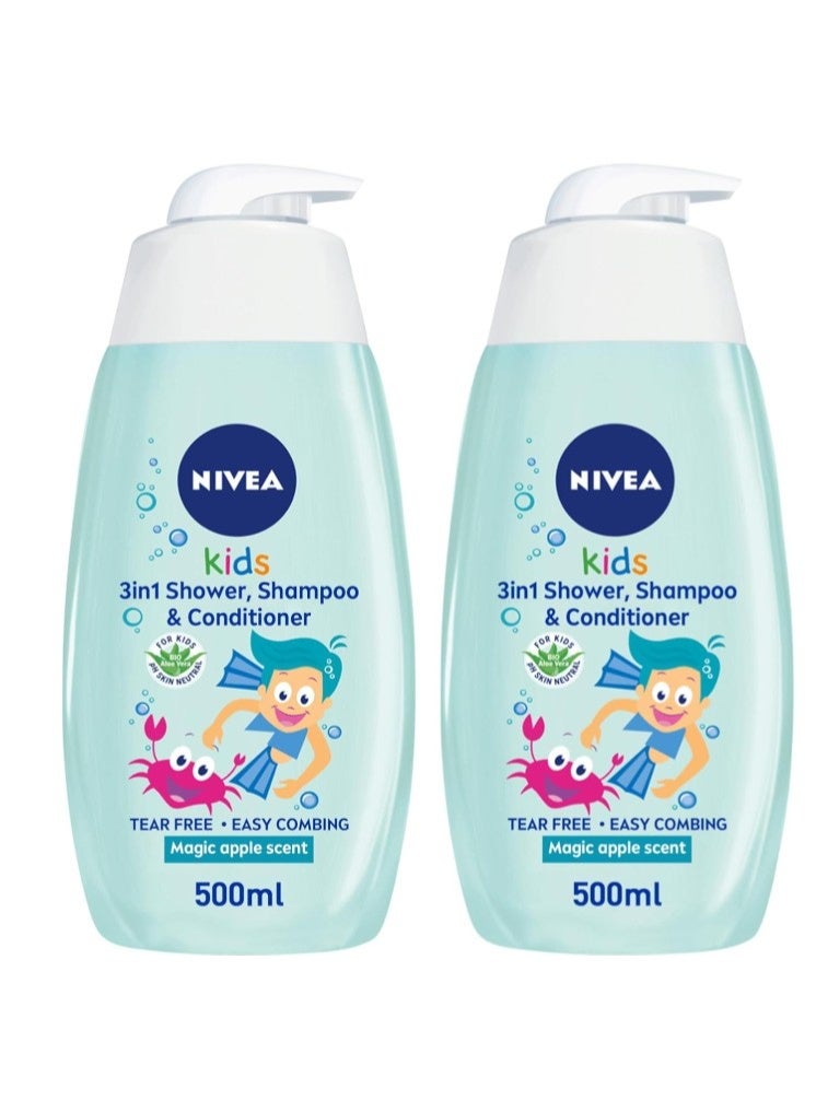 NIVEA Kids 3in1 Shower & Shampoo Bath, Bio Aloe Vera Apple Scent, 2x500ml - Image 1