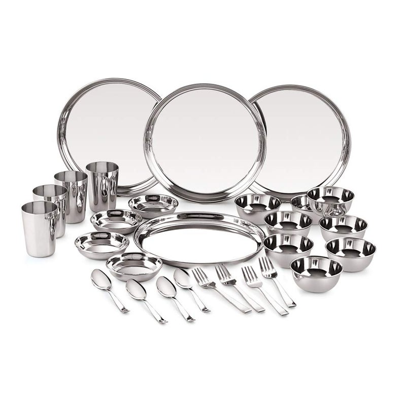 Neelam Neelam Stainless Steel 24 Gauge Premium 28 Pieces Dinner Set, Ideal Gifting Dinner Set, Ideal for Special Occasions Like Anniversary, Wedding, Housewarming Party, Dishwasher Safe, Silver - Image 1