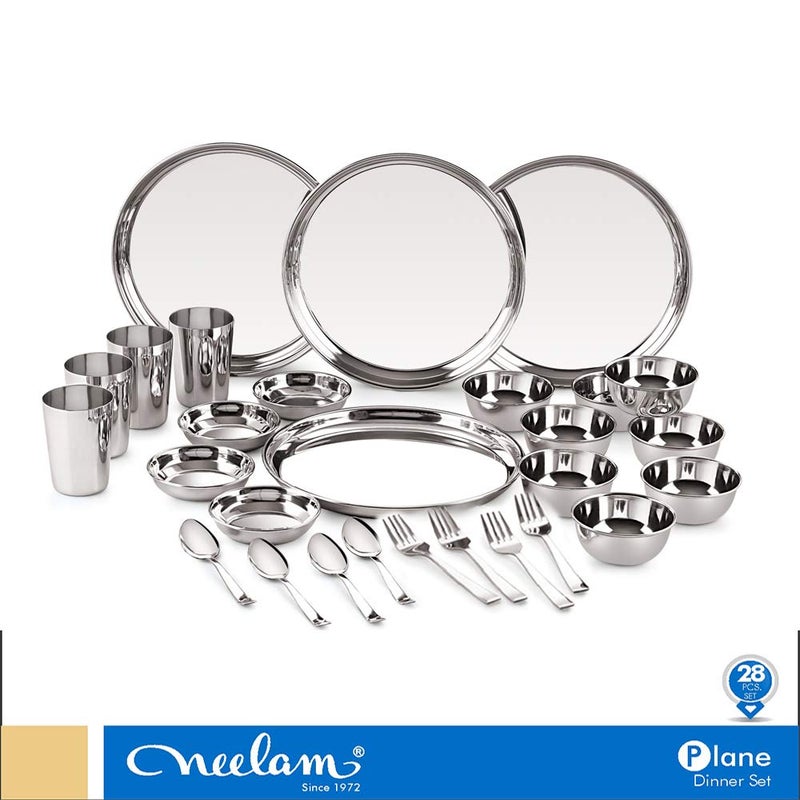 Neelam Neelam Stainless Steel 24 Gauge Premium 28 Pieces Dinner Set, Ideal Gifting Dinner Set, Ideal for Special Occasions Like Anniversary, Wedding, Housewarming Party, Dishwasher Safe, Silver - Image 2