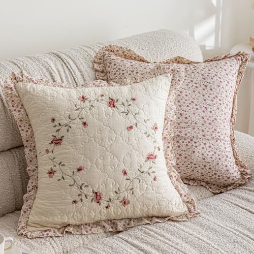 vctops Set of 2 Cotton Quilted Embroidered Decorative Square Throw Pillow Covers with Ruffles Floral Soft Cushion Case for Couch Sofa Bed Flower A18x18 - Image 3