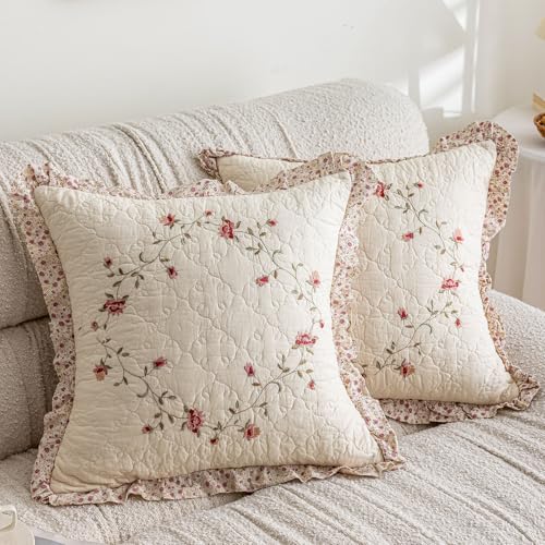 vctops Set of 2 Cotton Quilted Embroidered Decorative Square Throw Pillow Covers with Ruffles Floral Soft Cushion Case for Couch Sofa Bed Flower A18x18 - Image 1